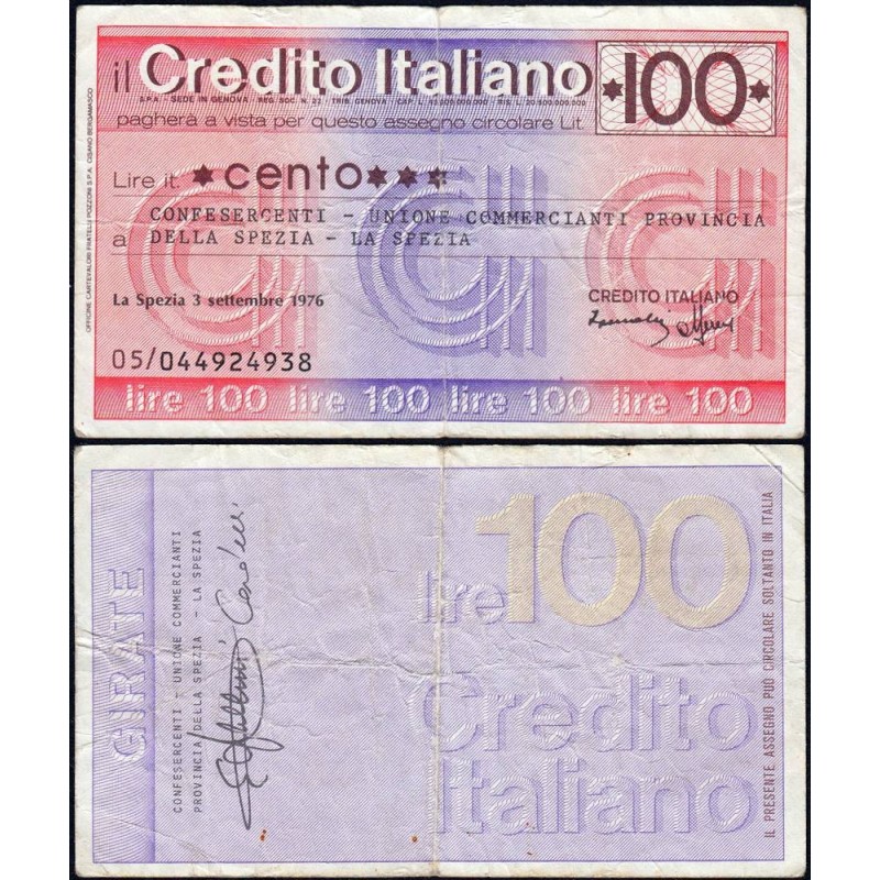 Italie - Miniassegni - Il Credito Italiano - 100 lire - 03/09/1976 - Etat : TTB-