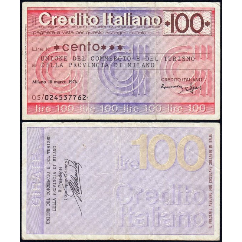 Italie - Miniassegni - Il Credito Italiano - 100 lire - 10/03/1976 - Etat : TB