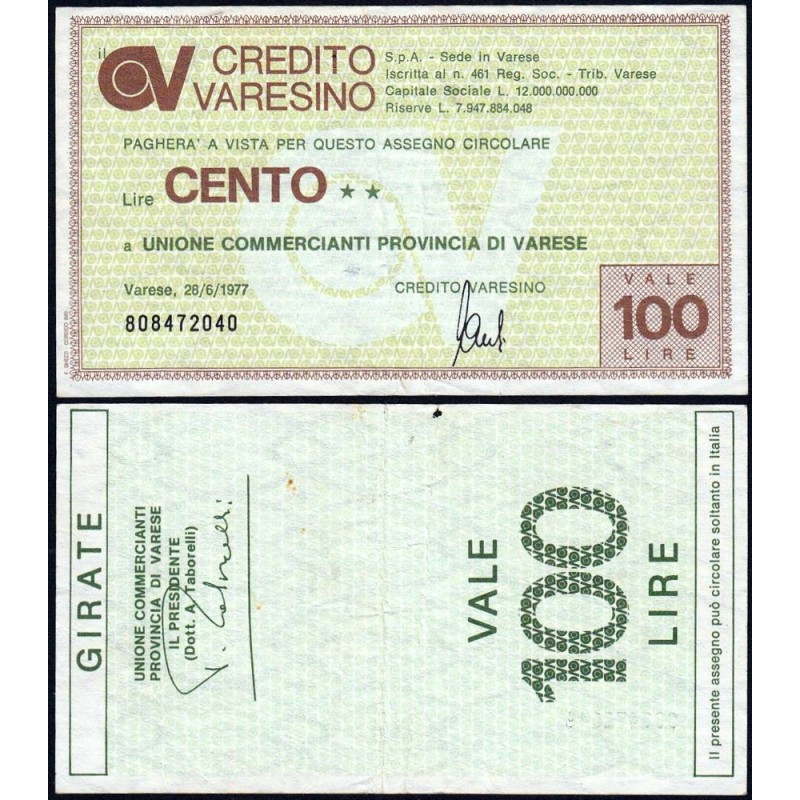 Italie - Miniassegni - Il Credito Varesino - 100 lire - 28/06/1977 - Etat : TB+