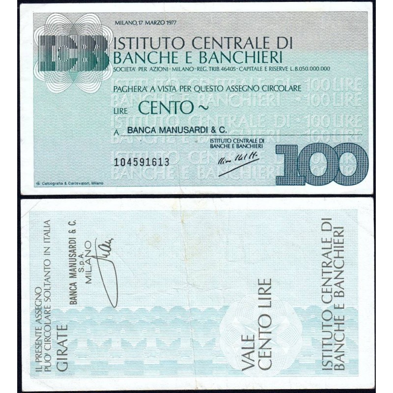 Italie - Miniassegni - Istituto Centrale di Banche e Banchieri - 100 lire - 17/03/1977 - Etat : TTB