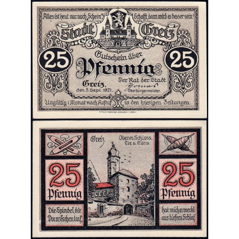 Allemagne - Notgeld - Greiz - 25 pfennig - 05/09/1921 - Etat : NEUF