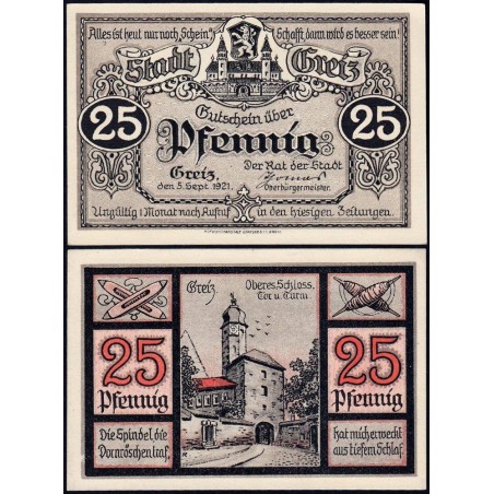 Allemagne - Notgeld - Greiz - 25 pfennig - 05/09/1921 - Etat : NEUF