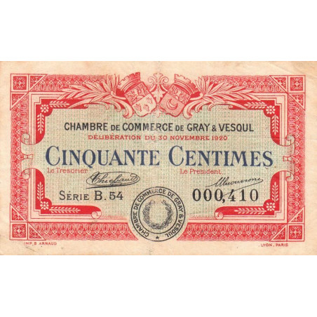 Gray & Vesoul - Pirot 62-15 - 50 centimes - Série B.54 - 1920 - Etat : TB