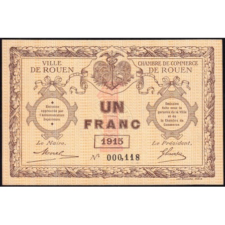 Rouen - Pirot 110-10 - 1 franc - 1915 - Petit numéro - Etat : SPL+