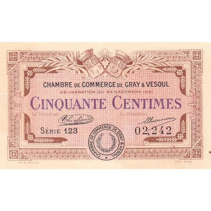 Gray & Vesoul - Pirot 62-19 - 50 centimes - Série 123 - 1921 - Etat : SUP+