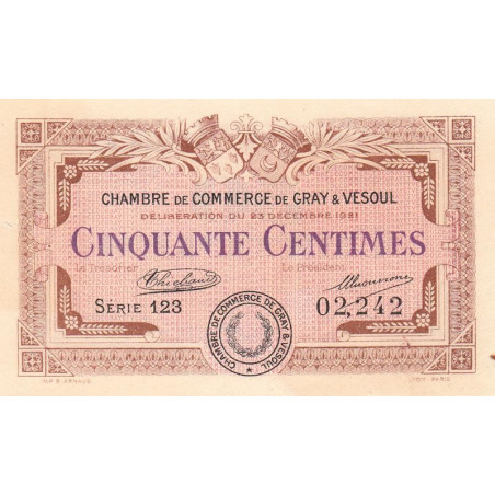 Gray & Vesoul - Pirot 62-19 - 50 centimes - Série 123 - 1921 - Etat : SUP+