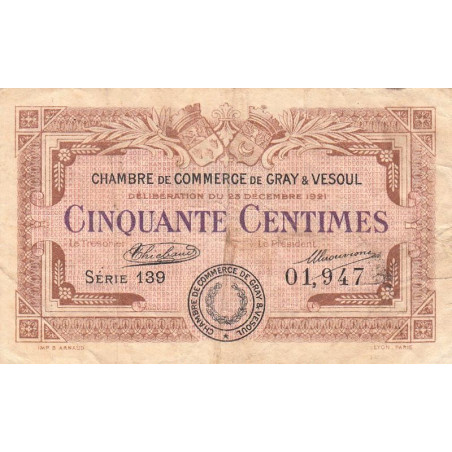 Gray & Vesoul - Pirot 62-19 - 50 centimes - Série 139 - 1921 - Etat : TB