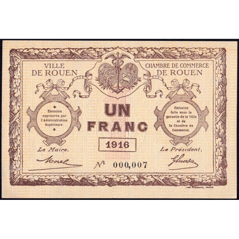 Rouen - Pirot 110-21 - 1 franc - 1916 - Petit numéro - Etat : NEUF
