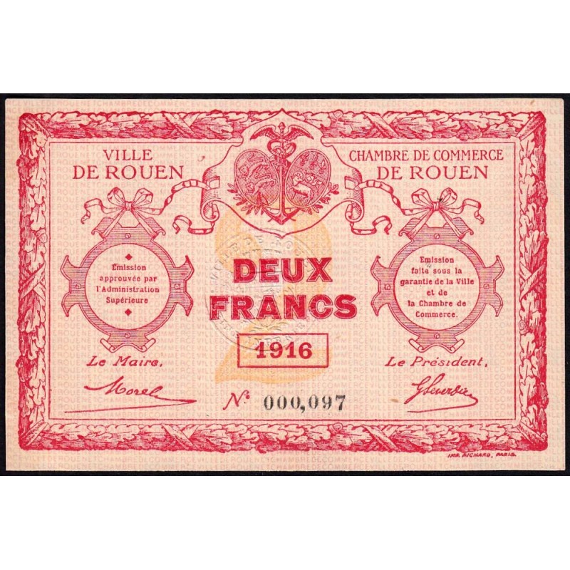 Rouen - Pirot 110-25 - 2 francs - 1916 - Petit numéro - Etat : SPL