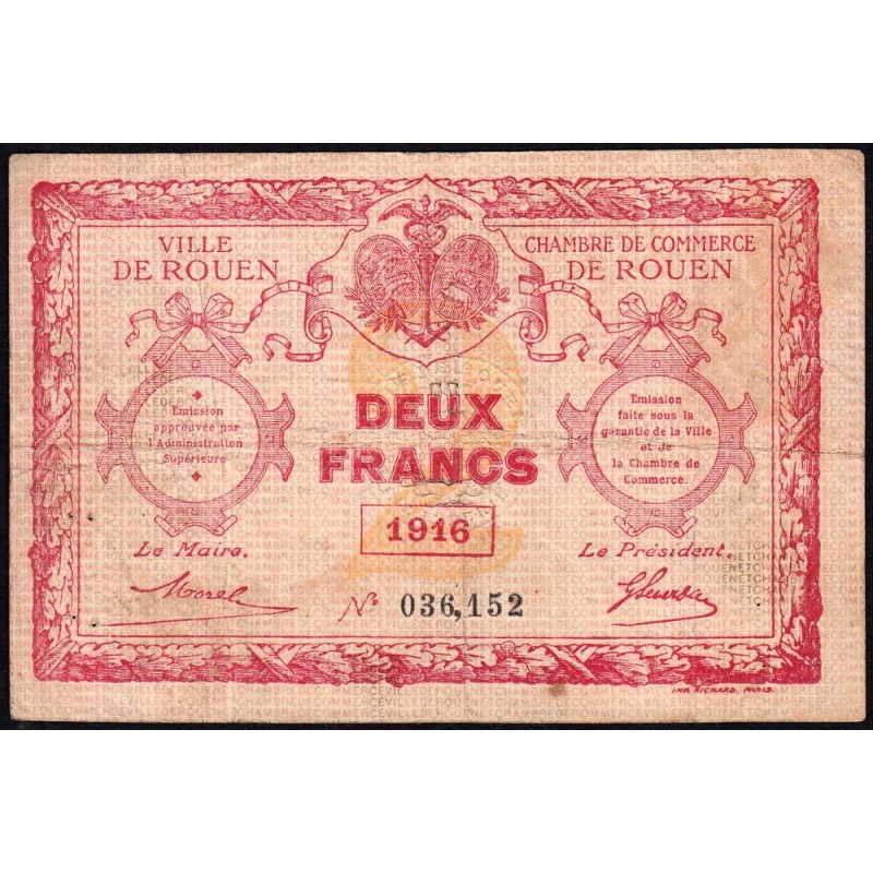 Rouen - Pirot 110-25 - 2 francs - 1916 - Etat : TB-