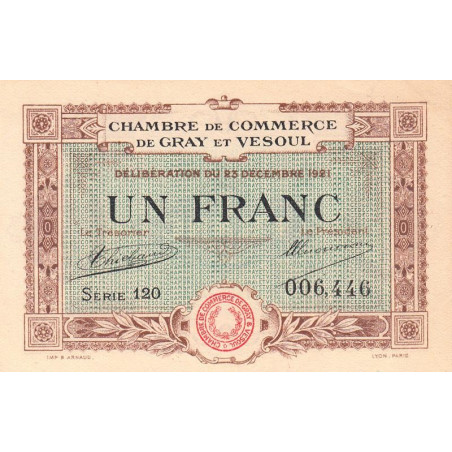 Gray & Vesoul - Pirot 62-21 - 1 franc - Série 120 - 1921 - Etat : SPL