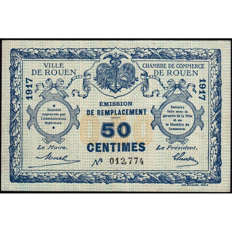 Rouen - Pirot 110-34 - 50 centimes - 1917 - Signature tronquée - Etat : TTB