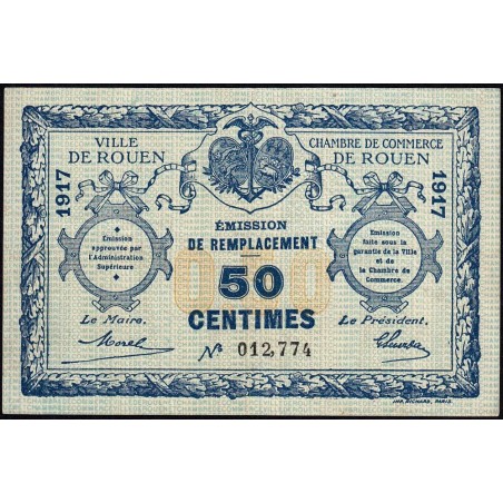 Rouen - Pirot 110-34 - 50 centimes - 1917 - Signature tronquée - Etat : TTB