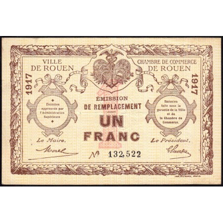 Rouen - Pirot 110-35 - 1 franc - 1917 - Signature tronquée - Etat : TTB+