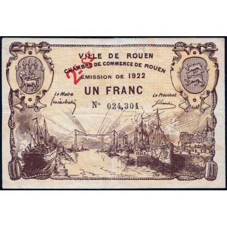 Rouen - Pirot 110-68 variété - 1 franc - 2ème série - 1922 - Etat : TB+