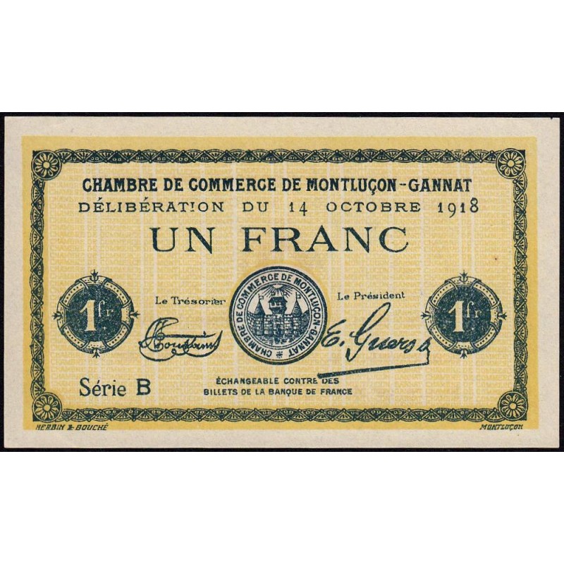 Montluçon-Gannat - Pirot non répertorié - 1 franc - Série B - 1918 - Spécimen - Etat : SPL+