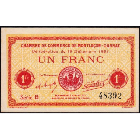 Montluçon-Gannat - Pirot non répertorié - 1 franc - Série A - 1921 - Billet uniface - Etat : pr.NEUF