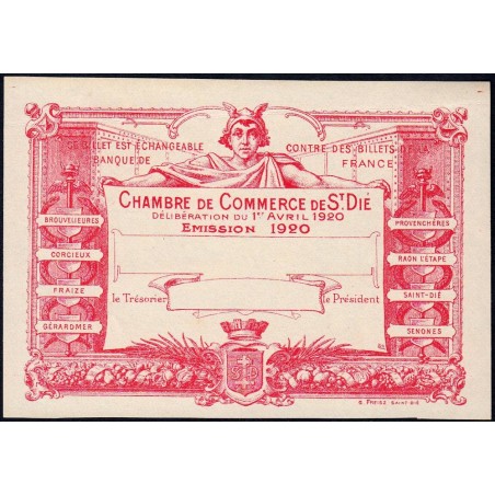Saint-Dié - Pirot non répertorié - 50 centimes - 01/04/1920 - Epreuve type 5 - Etat : SUP+