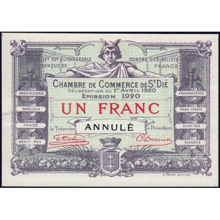Saint-Dié - Pirot non répertorié - 1 franc - 01/04/1920 - Annulé - Etat : SPL