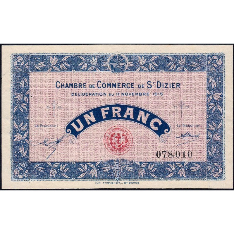 Saint-Dizier - Pirot 113-6 - 1 franc - 11/11/1915 - Etat : SUP+