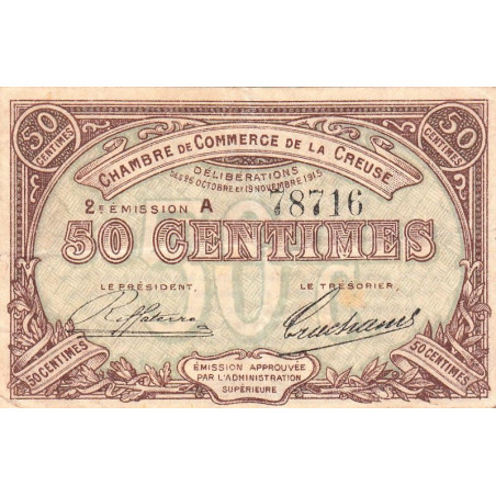 Guéret - Creuse - Pirot 64-7 - 50 centimes - Série A - 2e émission - 26/10/1915 - Etat : TB+