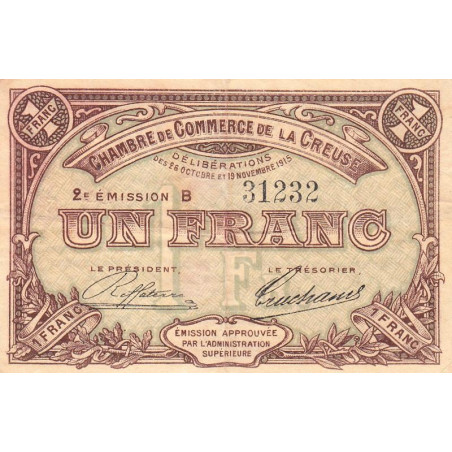 Guéret - Creuse - Pirot 64-9 - 1 franc - Série B - 2e émission - 26/10/1915 - Etat : TB+
