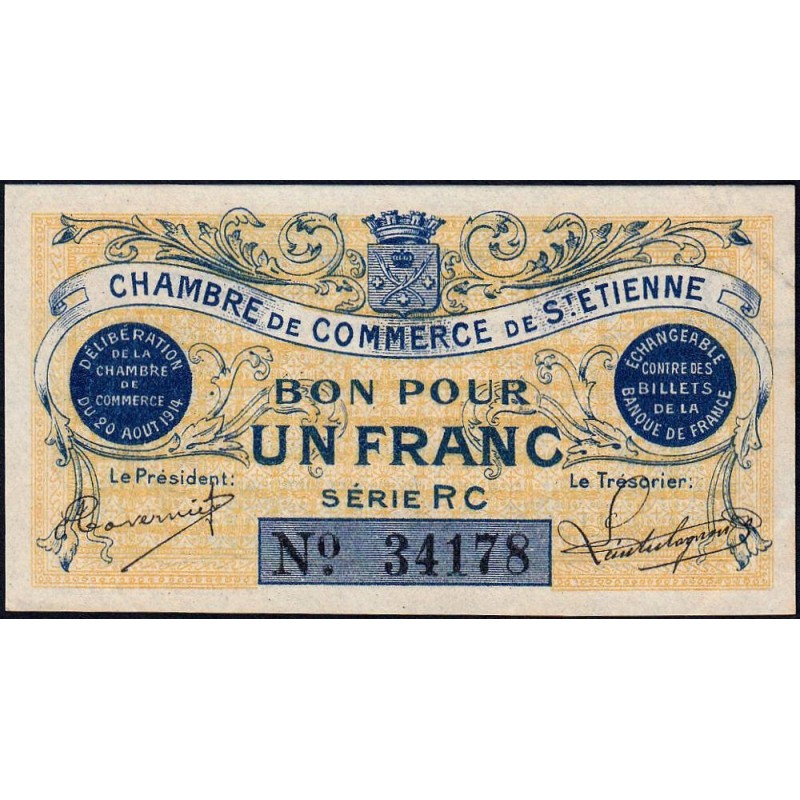 Saint-Etienne - Pirot 114-4 variété - 1 franc - Série RC - 20/08/1914 - Etat : SPL