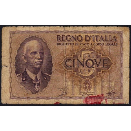 Italie - Pick 28_1 - 5 lire - 1940 - An XVIII - Etat : B+