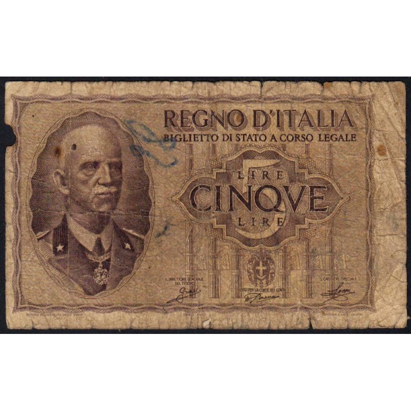 Italie - Pick 28_1 - 5 lire - 1940 - An XVIII - Etat : B