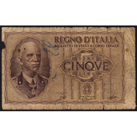 Italie - Pick 28_1 - 5 lire - 1940 - An XVIII - Etat : B