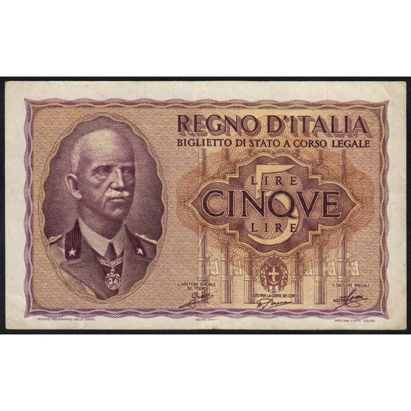 Italie - Pick 28_1 - 5 lire - 1940 - An XVIII - Etat : TTB