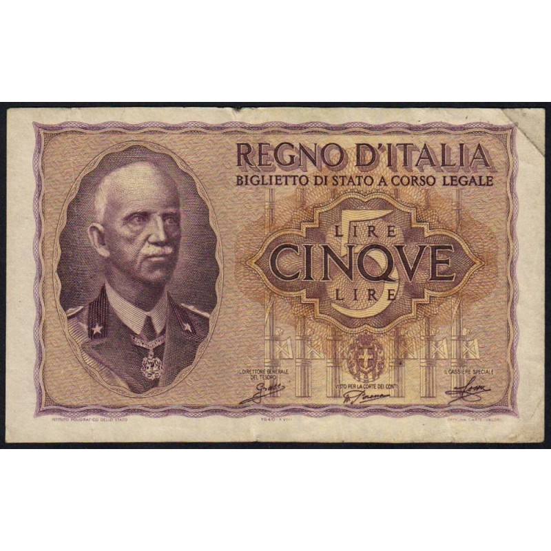 Italie - Pick 28_1 - 5 lire - 1940 - An XVIII - Etat : TTB-