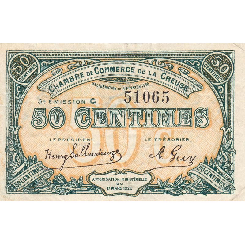 Guéret - Creuse - Pirot 64-19 - 50 centimes - Série C - 5e émission - 14/02/1920 - Etat : TTB