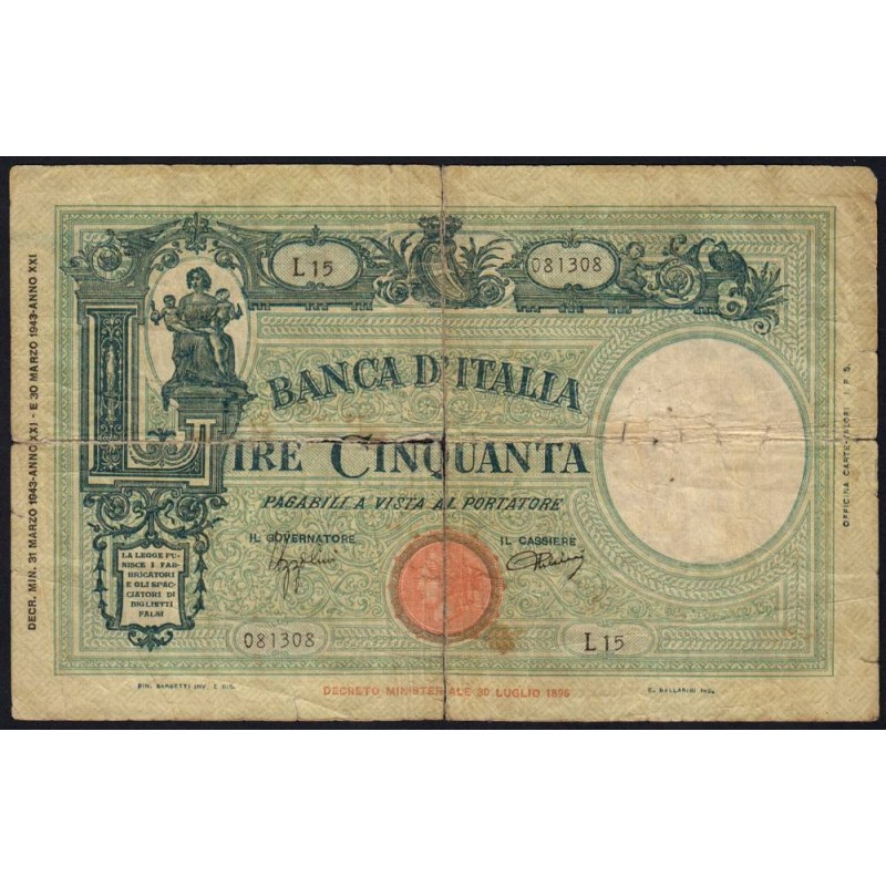 Italie - Pick 64 - 50 lire - 31/03/1943 - An XXI - Etat : B-