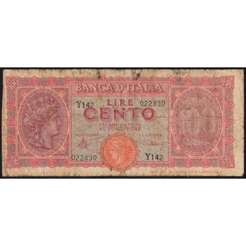 Italie - Pick 75a_2 - 100 lire - 10/12/1944 - Etat : B