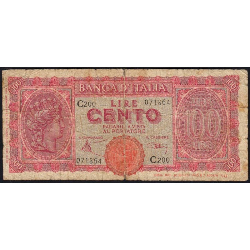 Italie - Pick 75a_2 - 100 lire - 10/12/1944 - Etat : B+