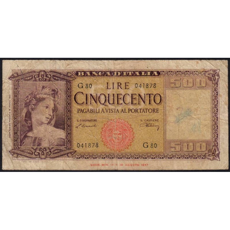 Italie - Pick 80a_1 - 500 lire - 20/03/1947 - Etat : B