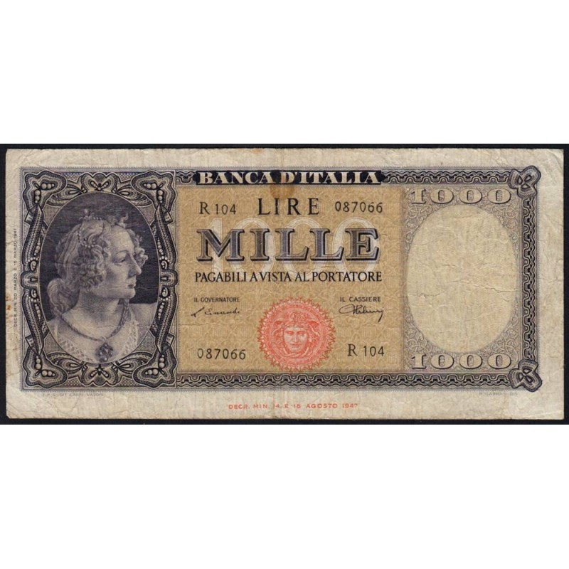 Italie - Pick 83 - 1'000 lire - Série R 104 - 20/03/1947 - Etat : TB-