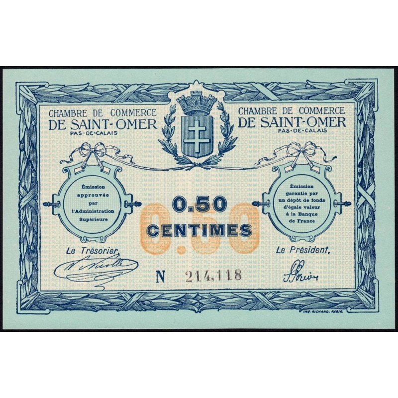 Saint-Omer - Pirot 115-1 - 50 centimes - N° avec 6 chiffres - 14/08/1914 - Etat : SPL+