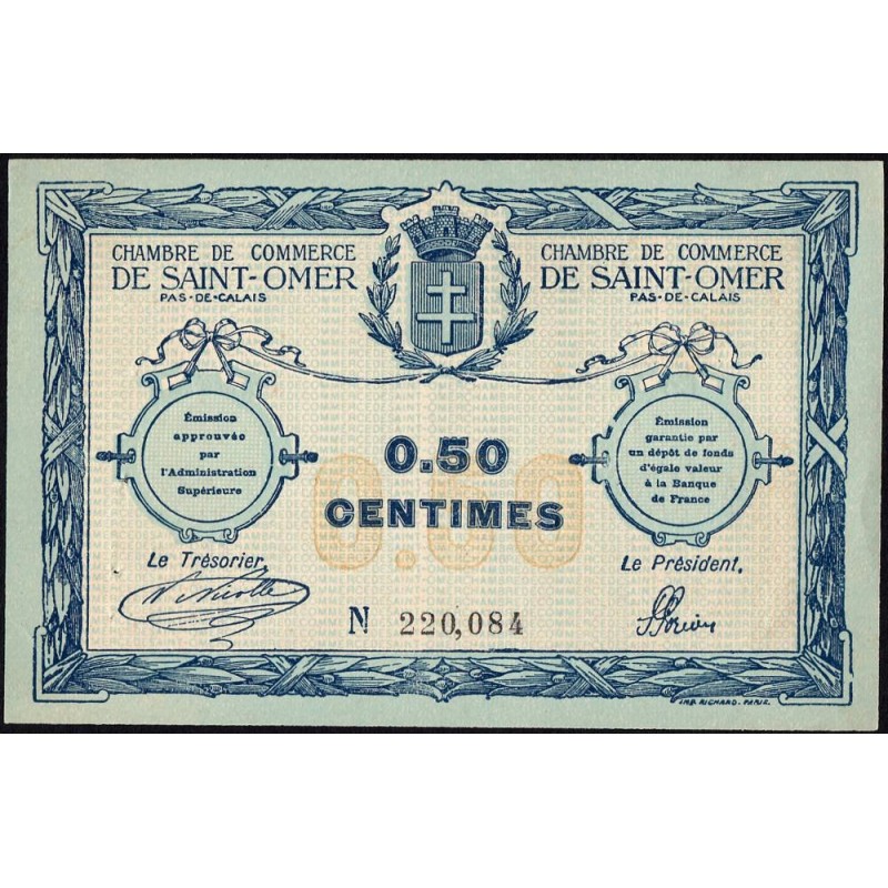 Saint-Omer - Pirot 115-1 - 50 centimes - N° avec 6 chiffres - 14/08/1914 - Etat : SUP