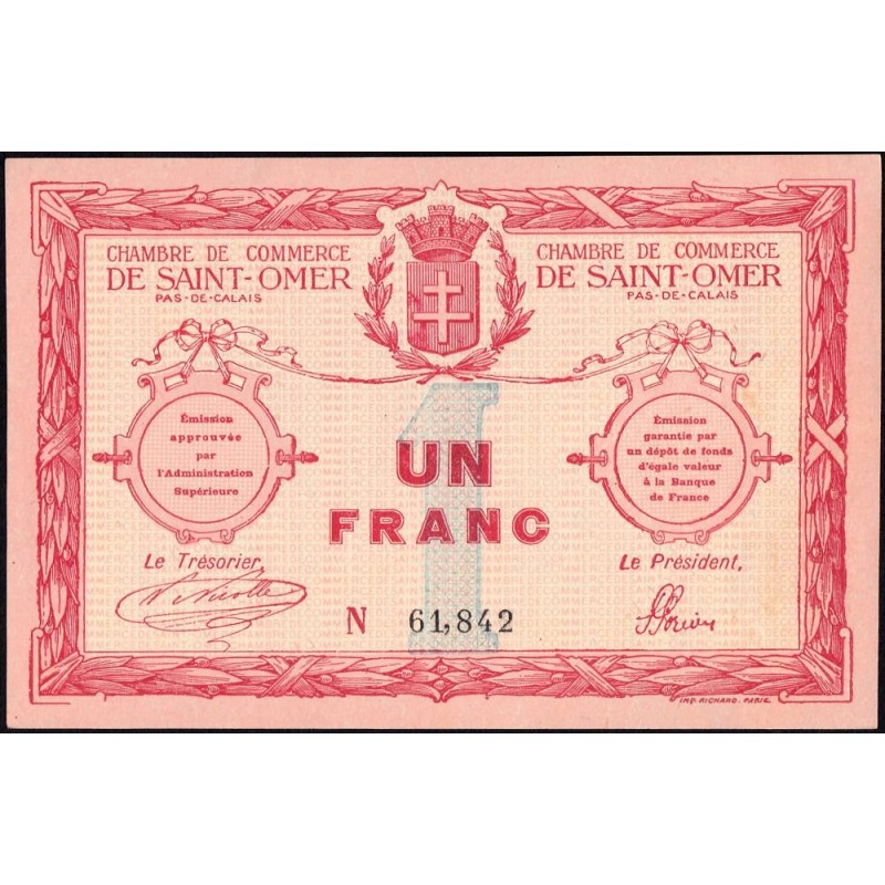 Saint-Omer - Pirot 115-4a variété - 1 franc - N° avec 5 chiffres - 14/08/1914 - Etat : pr.NEUF