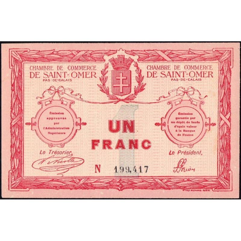 Saint-Omer - Pirot 115-4b - 1 franc - N° avec 6 chiffres - 14/08/1914 - Etat : SPL+