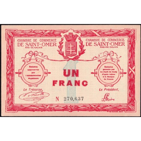 Saint-Omer - Pirot 115-4b - 1 franc - N° avec 6 chiffres - 14/08/1914 - Etat : SUP+
