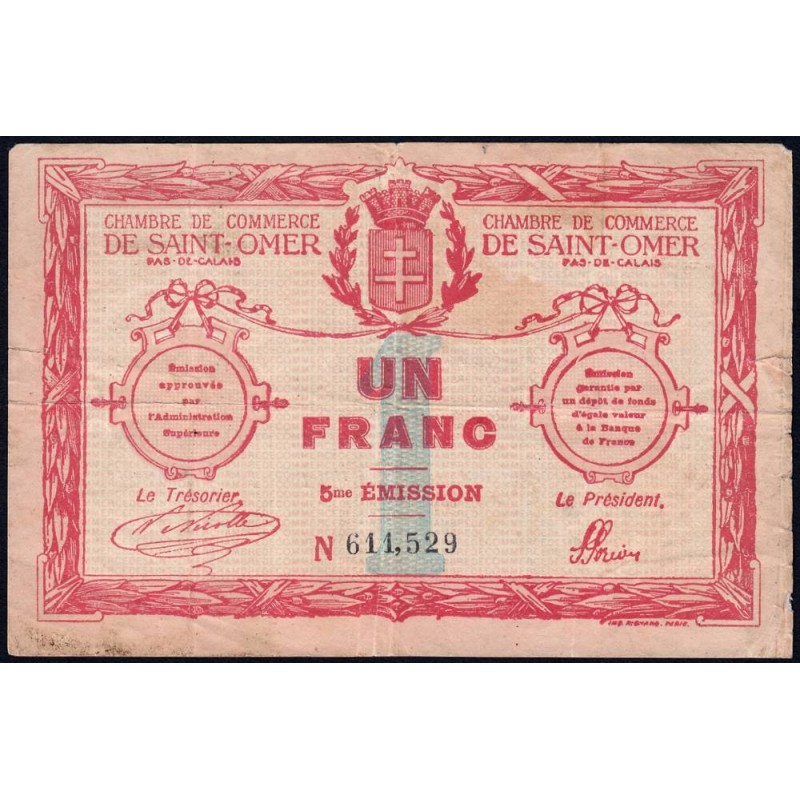 Saint-Omer - Pirot 115-10 - 1 franc - 5me émission - 14/08/1914 - Etat : TB-