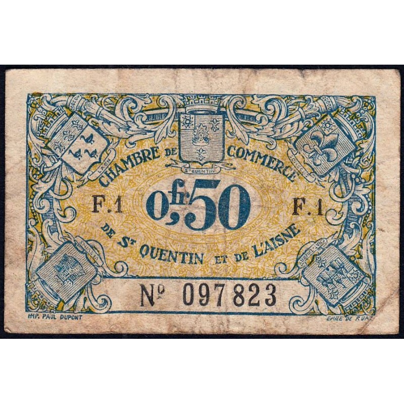 Saint-Quentin - Pirot 116-1 - 50 centimes - Série F.1 - Sans date - Etat : TB-