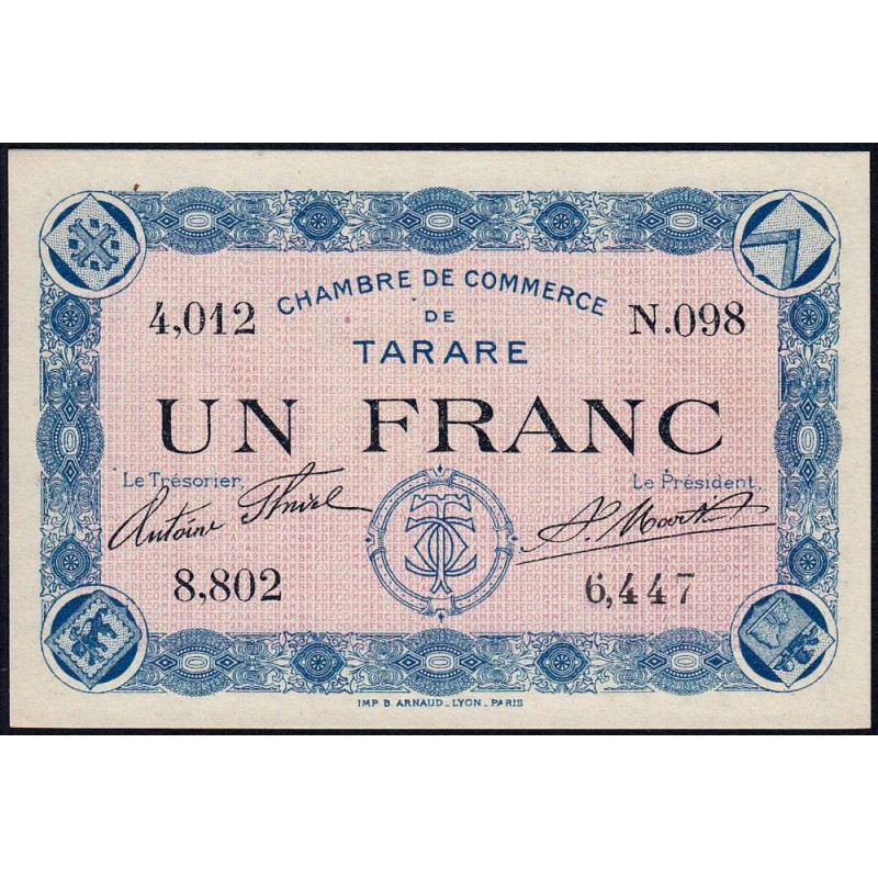 Tarare - Pirot 119-1 - 1 franc - Série N.098 - Sans date - Etat : NEUF