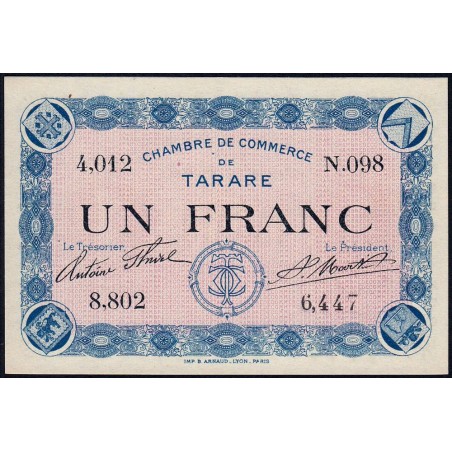 Tarare - Pirot 119-1 - 1 franc - Série N.098 - Sans date - Etat : NEUF