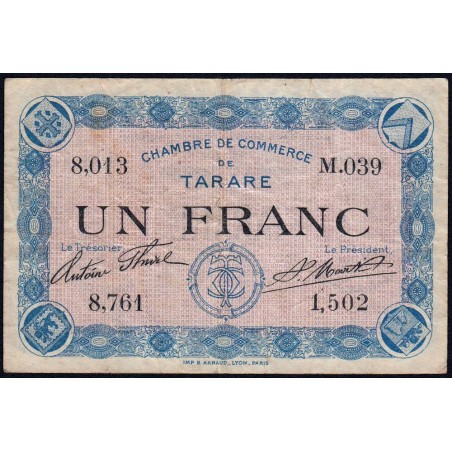 Tarare - Pirot 119-8 - 1 franc - Série M.039 - Sans date - Etat : TB