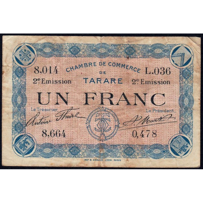 Tarare - Pirot 119-24 - 1 franc - Série L.036 - 21/04/1917 - Etat : TB