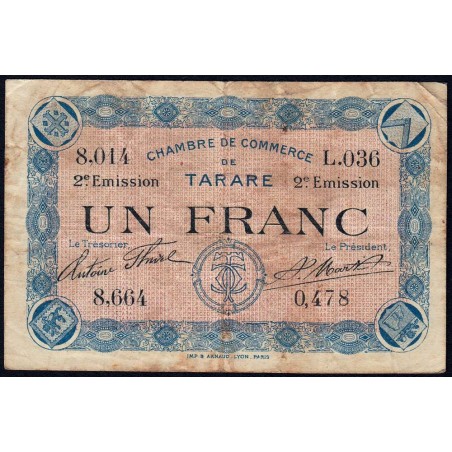 Tarare - Pirot 119-24 - 1 franc - Série L.036 - 21/04/1917 - Etat : TB